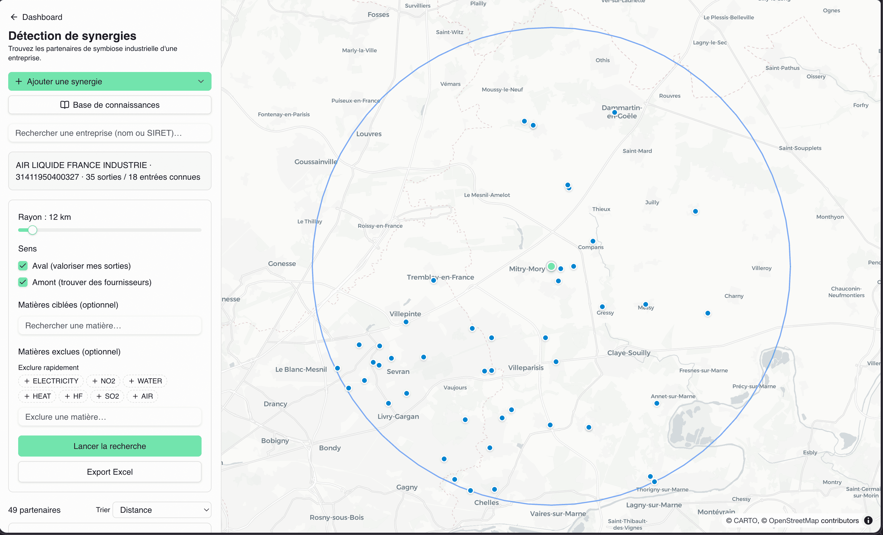 Détection de synergies : un site source, un rayon, des partenaires sur la carte.